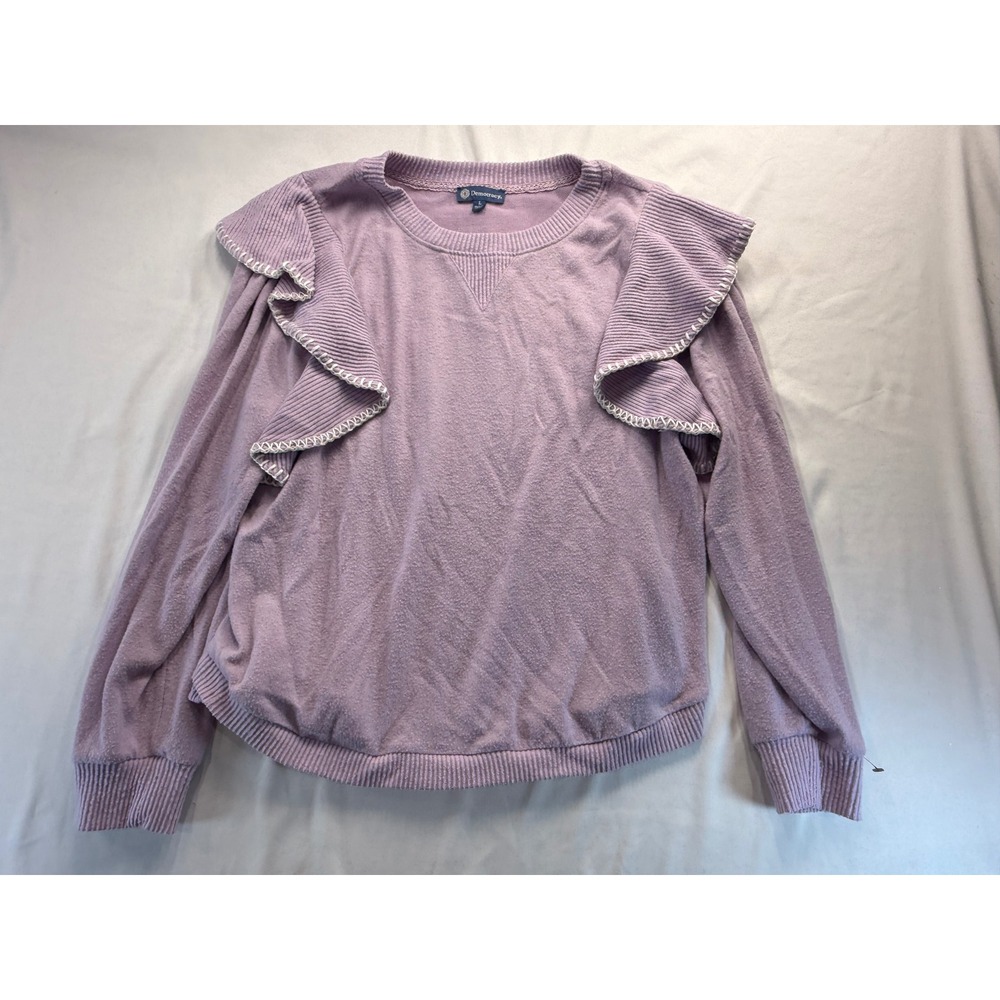 Democracy Women Large Purple Ruffle Shoulder Whipstitch Long Sleeve Sweater L
